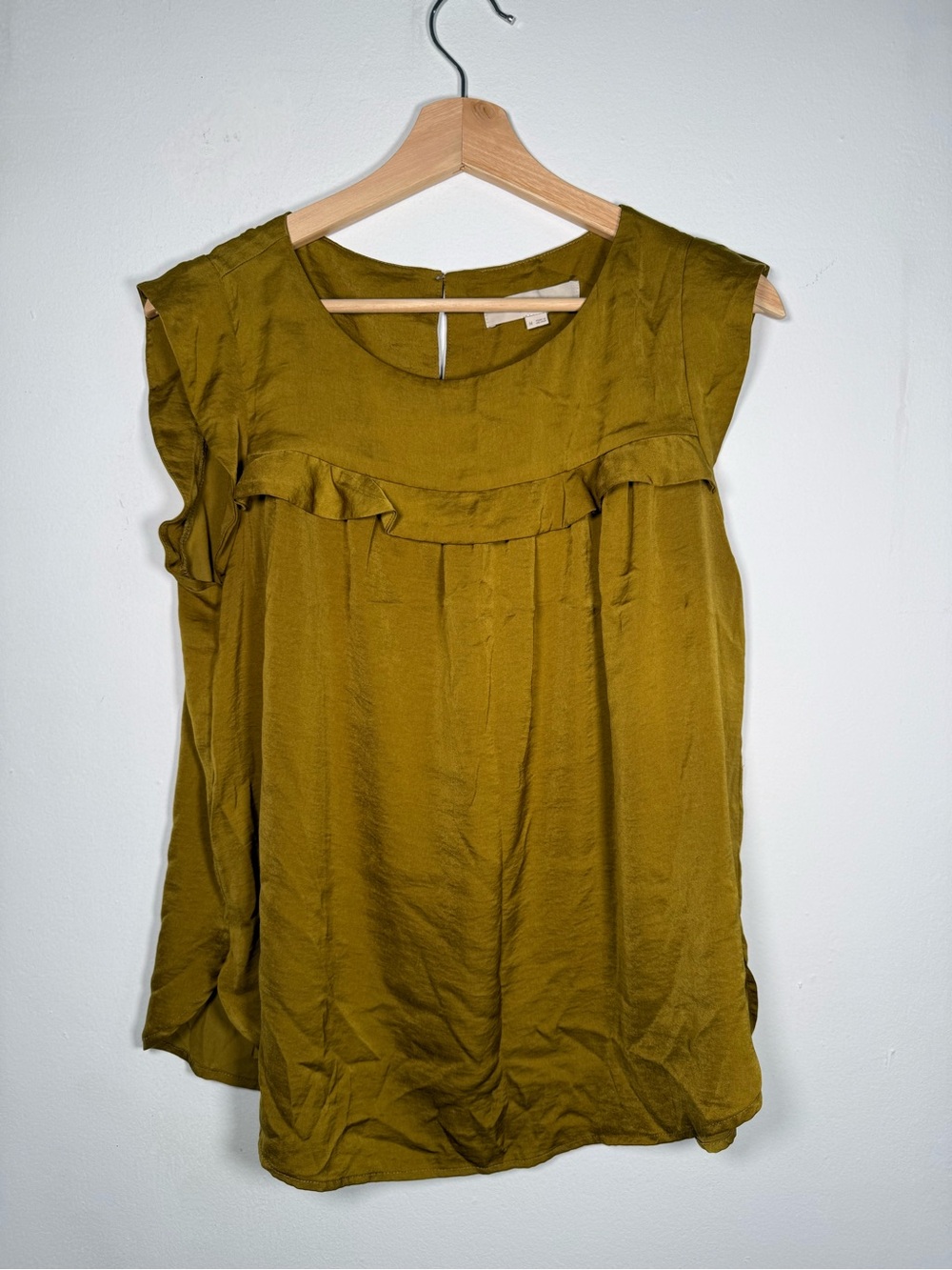 LOFT Olive Green Ruffle Yoke Sleeveless Top